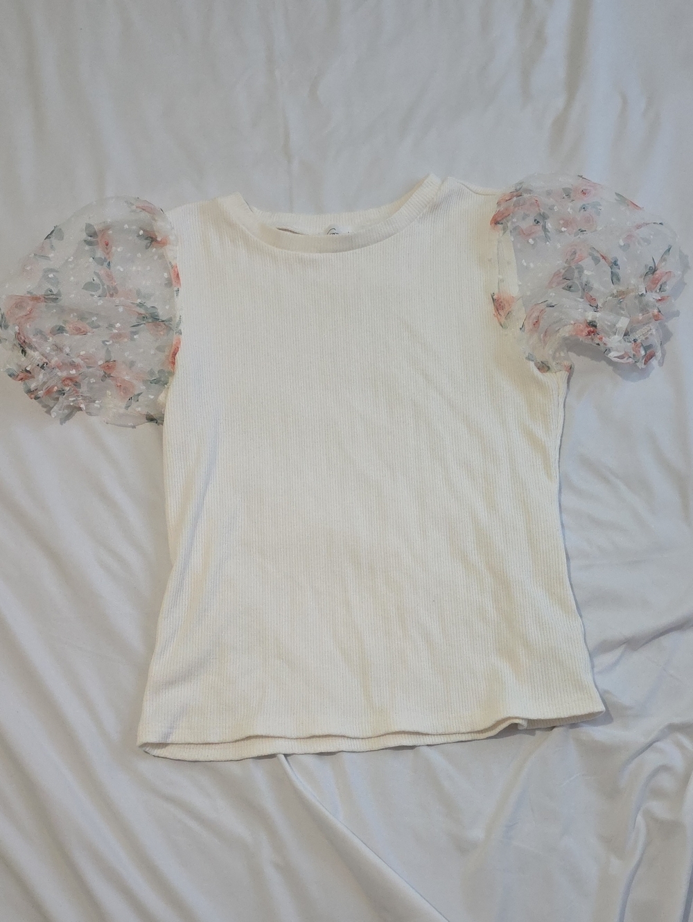 Women’s White Ribbed Top with Floral Puff Sleeves